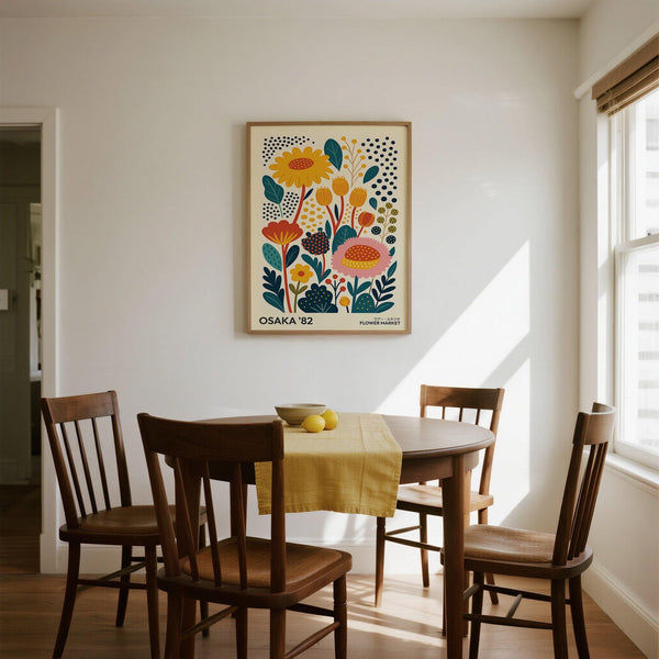 Affiche Bright Spring Print avec des fleurs orange et jaunes dans une composition stylisée