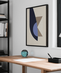 Impression murale géométrique moderne avec des tons bleus, beiges et marron, idéale pour la décoration d'un bureau.