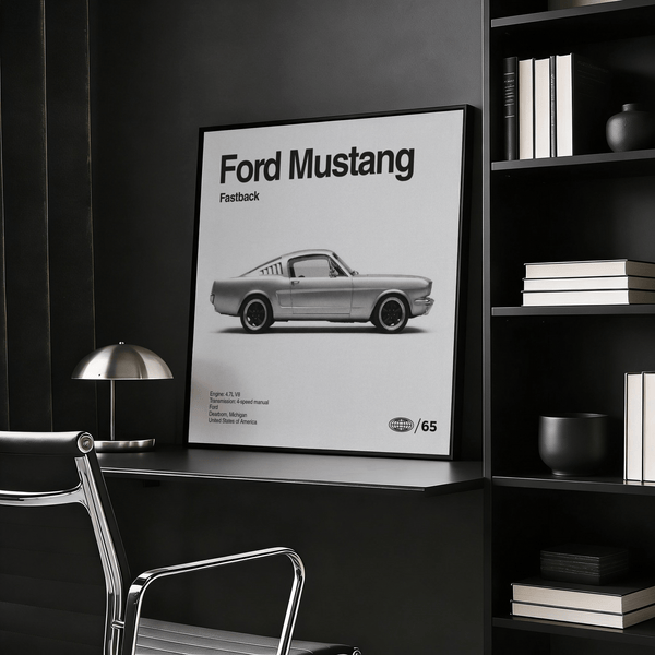 Impression artistique Ford Mustang avec des tons noirs, blancs et gris pour la décoration de bureau