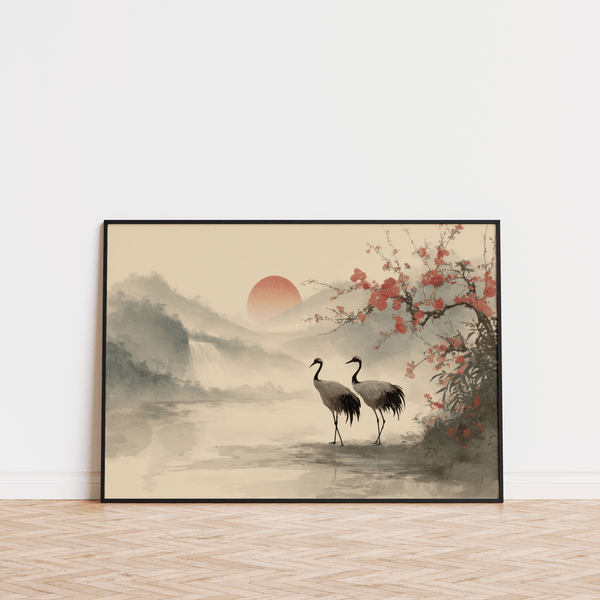 Affiche artistique japonaise avec soleil rouge et feuillage vert pour décorer les murs d'un couloir