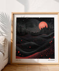 Art mural audacieux représentant la lune dans des tons noirs et rouges avec des formes organiques en points