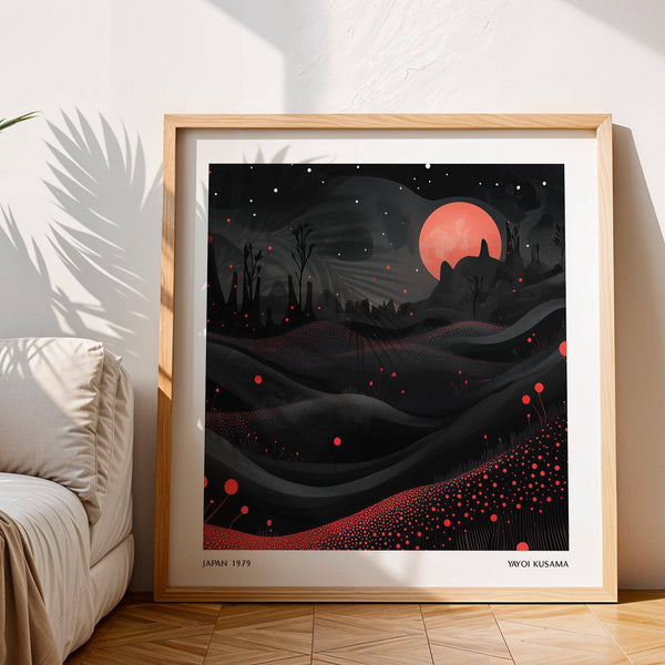 Art mural audacieux représentant la lune dans des tons noirs et rouges avec des formes organiques en points