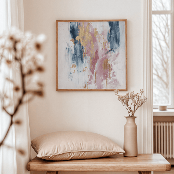 Art abstrait carré rose pour le mur de la salle à manger avec une palette de couleurs rose, bleu et or