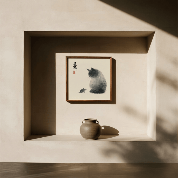 Impression murale gris et blanc « Chat et souris » pour décorer la salle de jeux des enfants