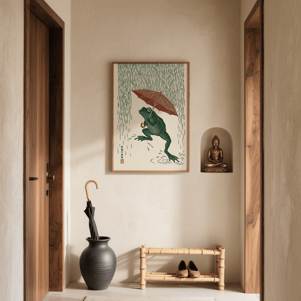 Impression artistique « Grenouille sous la pluie », impression d'inspiration japonaise avec grenouille et parapluie, salon