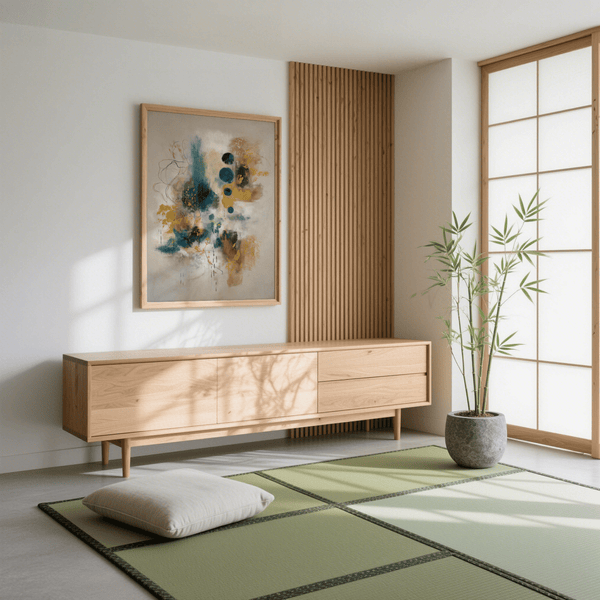 Impression artistique bleu sarcelle et noir aux couleurs vives bleu et or pour une salle à manger moderne