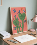 Poster moderne Cactus Impression murale avec oiseaux, vert et rose pour chambre d'enfant