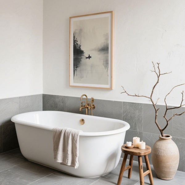 Paysage brumeux dans le style de la peinture à l'encre japonaise, avec une silhouette solitaire dans un petit canoë.