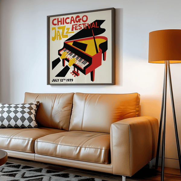 Affiche du festival de jazz aux couleurs jaune, rouge et noir pour les studios de création artistique