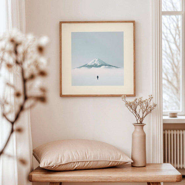Affiche de voyage au Japon aux tons doux représentant le mont Fuji brumeux, pour décorer les murs de votre chambre à coucher.