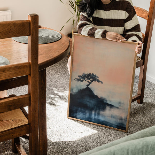 Art abstrait japonais d'inspiration zen, dans des tons bleus et roses, avec des coups de pinceau expressifs.