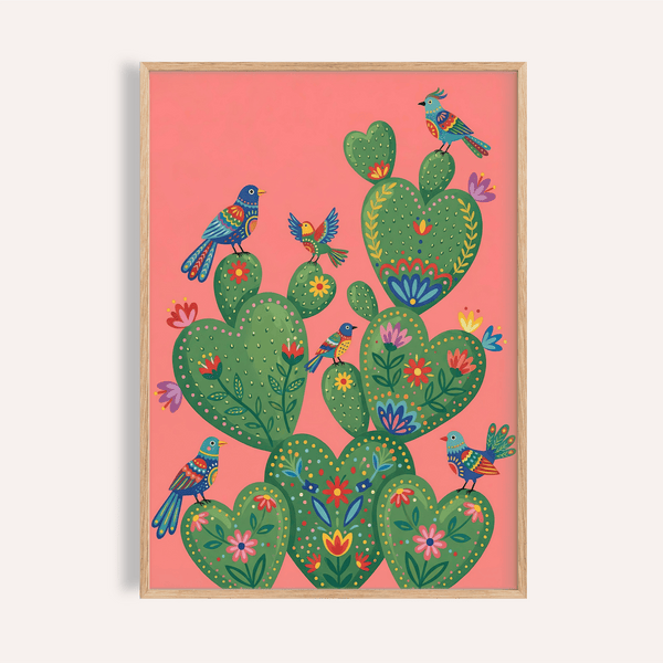 Impression artistique colorée représentant un cactus rose et vert pour décorer le mur de votre salon