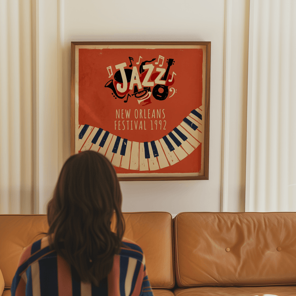 Impression artistique jazz avec des tons beiges et noirs, idéale pour décorer les murs d'un bureau ou d'une salle d'étude.