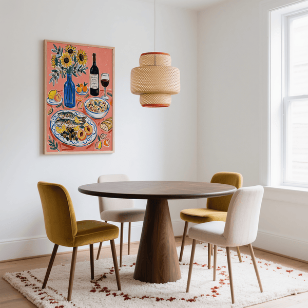 Poster mural « Vin et fruits de mer », éléments jaunes, idéal pour la salle à manger