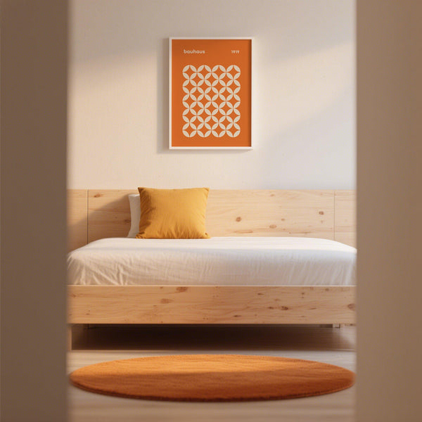 Vue à plat d'une affiche orange avec des formes circulaires et une typographie moderniste.