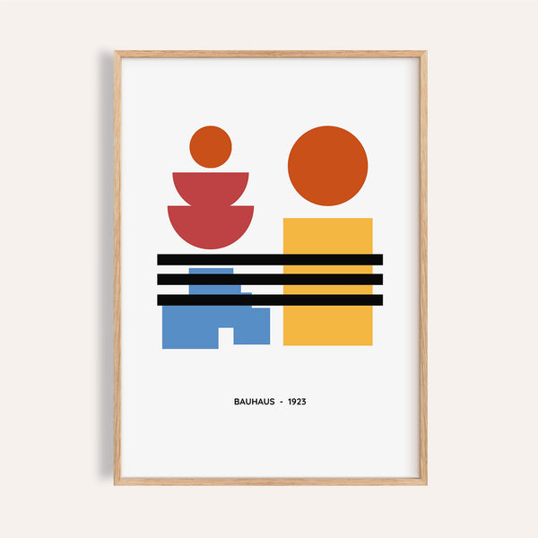 Impression artistique minimaliste avec des formes Bauhaus rouges, jaunes et bleues