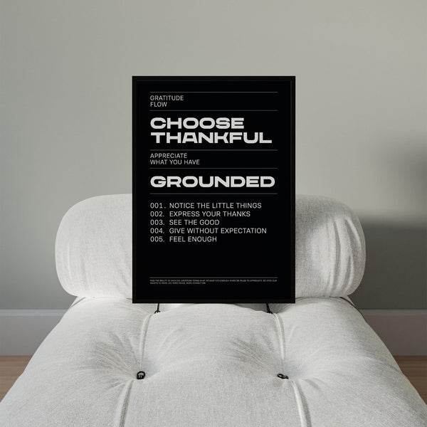 Impression artistique inspirante avec le message « Choose Thankful » (Choisissez la gratitude) et une mise en page minimaliste.