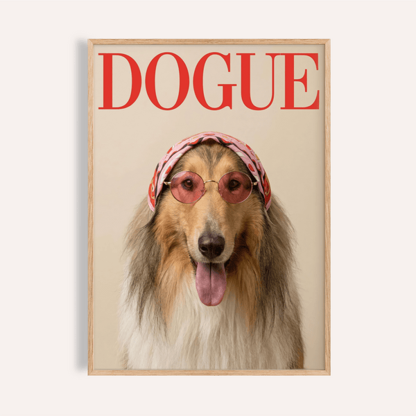 Impression artistique Rough Collie Dogue aux couleurs marron, beige, rouge et rose pour un salon moderne