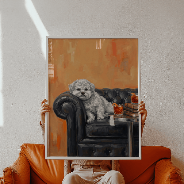 Affiche « Chien au visage humain », fond orange élégant, pour salle d'étude