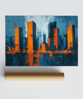 Décoration murale représentant un paysage urbain dynamique en bleu et orange pour une impression d'art moderne