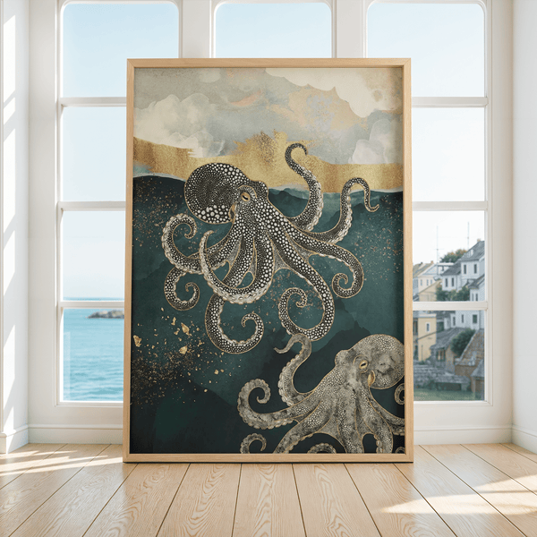 Décoration murale moderne Octopus, tons bleus et dorés, idéale pour le mur de l'entrée