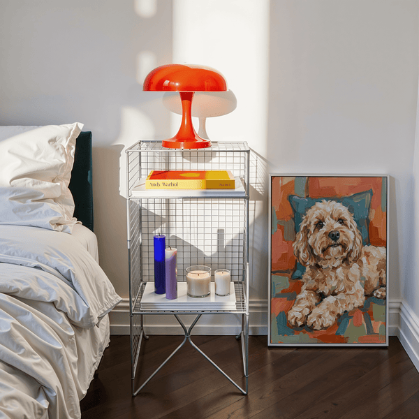 Impression artistique Cockapoo en beige et bleu, idéale pour décorer un couloir