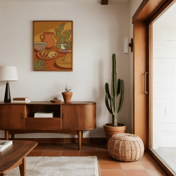 Impression colorée représentant des plats mexicains dans des tons orange et vert pour une affiche de cuisine vivante