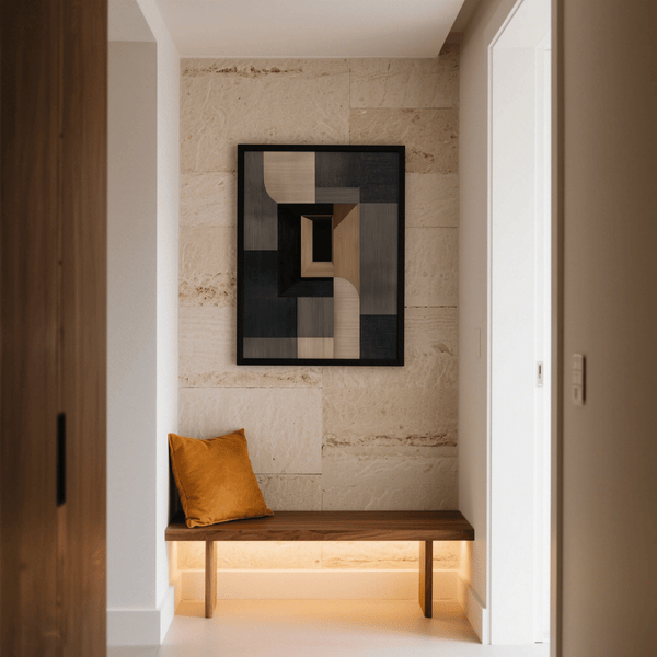 Impression géométrique abstraite Wabi Sabi utilisant les couleurs beige, marron et noir pour décorer le mur de votre entrée.