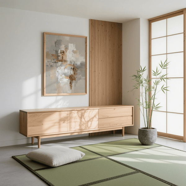 Art mural abstrait doré, couleurs douces blanc et gris, pour une impression contemporaine dans une salle à manger