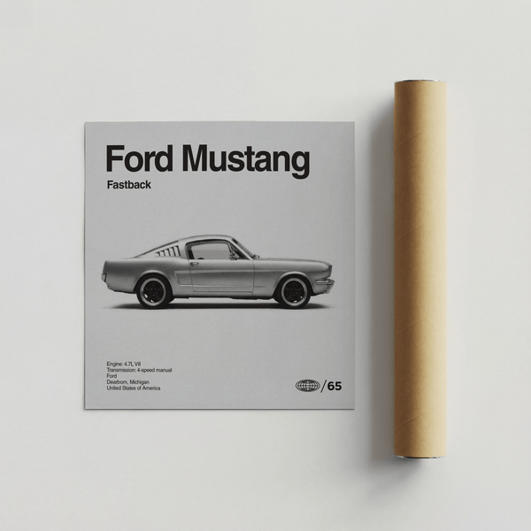 Impression artistique minimaliste Ford Mustang en noir et blanc pour affiche de couloir