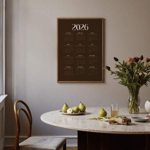 Calendrier minimaliste marron Impression artistique, marron, orange, blanc, pour couloir