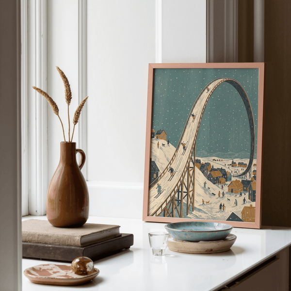 Impression artistique sur le thème du ski hivernal dans les tons bleus, décoration murale ludique pour chambre d'enfant