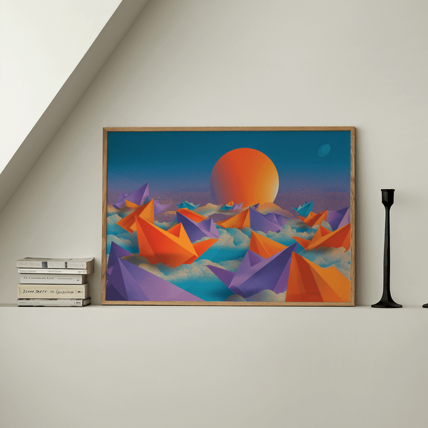 Origami mural avec coucher de soleil géométrique, teintes bleues pour la décoration du couloir