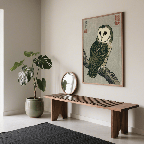 Impression artistique japonaise représentant un hibou, dans des tons subtils de brun et de vert, pour une impression artistique d'étude.