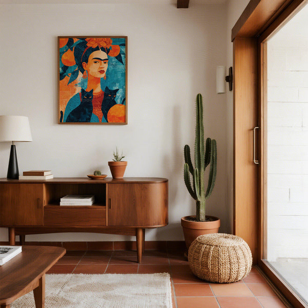 Affiche sur le thème des chats de Frida Kahlo mettant en valeur des oranges vifs et un feuillage bleu.