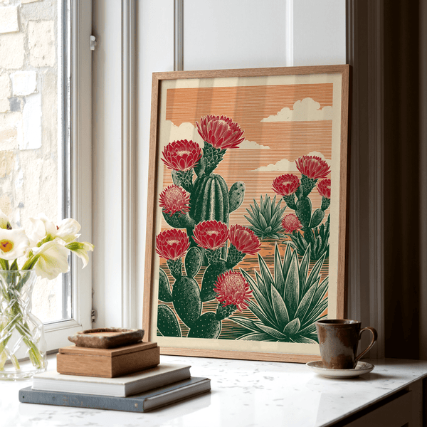 Cactus Desert Art en rouge et vert pour décorer votre bureau