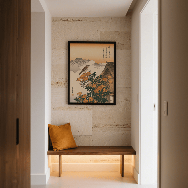 Poster représentant un paysage montagneux rehaussé de touches orange et vertes, idéal pour une chambre d'enfant.