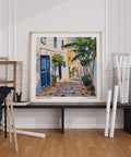 Rue de Marrakech avec ses façades colorées et sa végétation luxuriante au Maroc Wall Art.