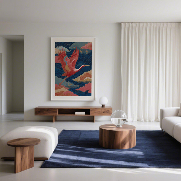 Gravure japonaise vintage représentant une grue en plein vol sur fond de ciel oriental stylisé.