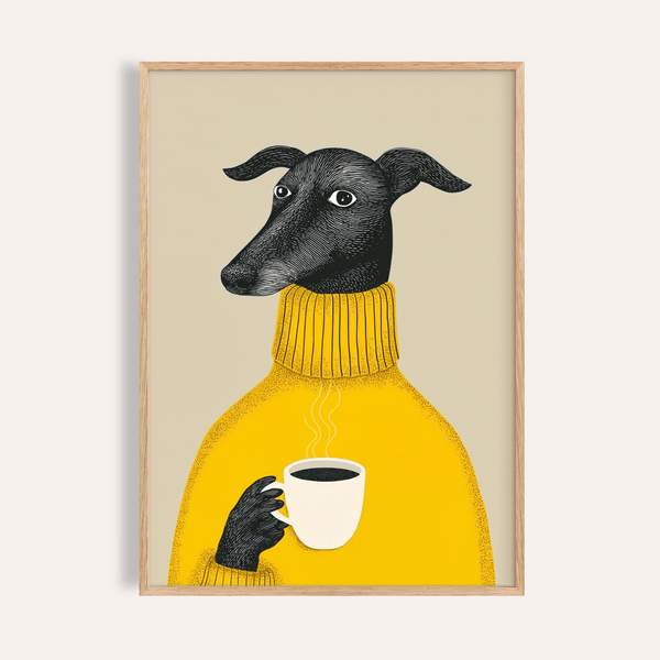 Tableau mural illustratif représentant un chien, dans les tons jaune, noir et beige, pour le salon