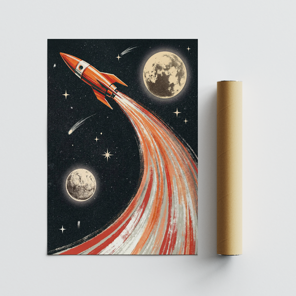 Rocket Ship Wall Art poster with vintage space theme for office