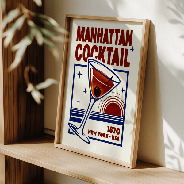Manhattan Cocktail Art Print featuring red and blue for home office poster