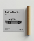 Impression artistique Aston Martin représentant la DB5 pour une pièce réservée aux hommes, en blanc et noir.
