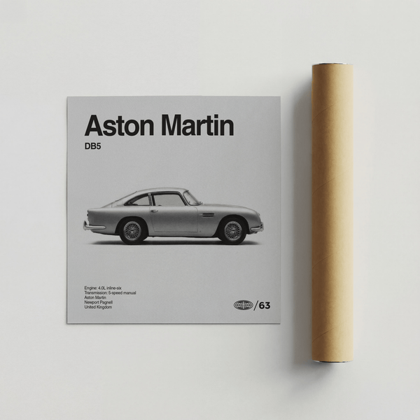 Impression artistique Aston Martin représentant la DB5 pour une pièce réservée aux hommes, en blanc et noir.