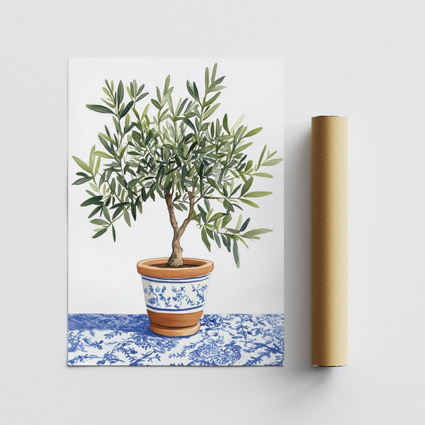 Aquarelle représentant un olivier aux branches feuillues et une poterie méditerranéenne rustique.