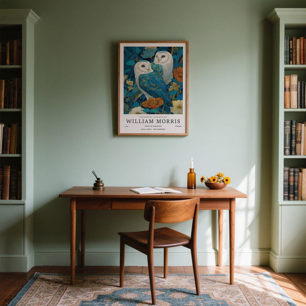 Illustration de chouettes aux yeux orange parmi des fleurs bleues et dorées – Wall Art Unique.