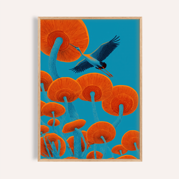 Imprimé oiseau Japandi bleu et rouge, idéal pour décorer les murs de votre salon