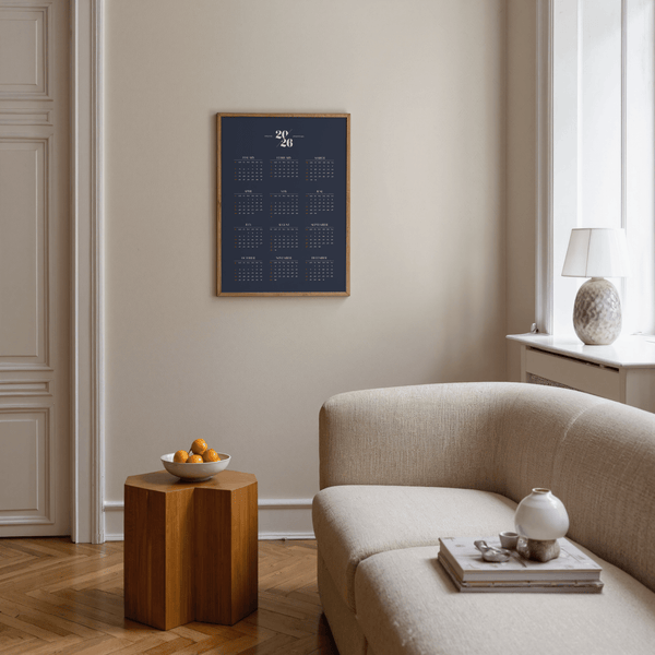 Calendrier mural minimaliste bleu et blanc pour salon moderne