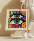 Pop art carré coloré représentant un motif œil inspiré de Kusama dans des tons vifs