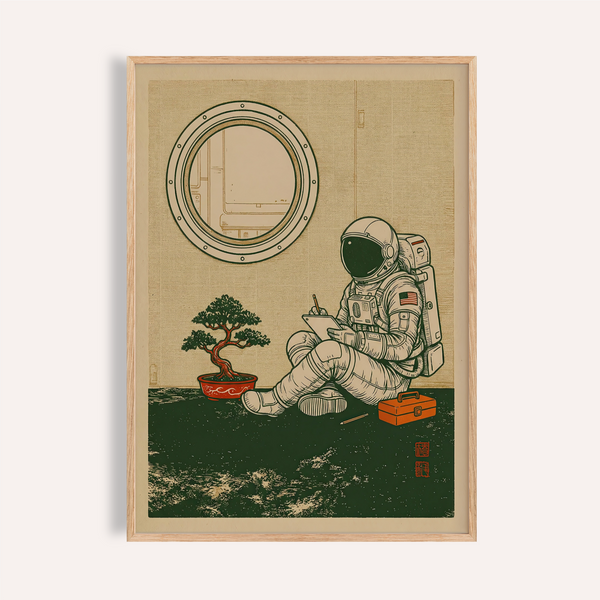 Space Astronaut Art Print with Green, Beige, and Orange for study wall art
